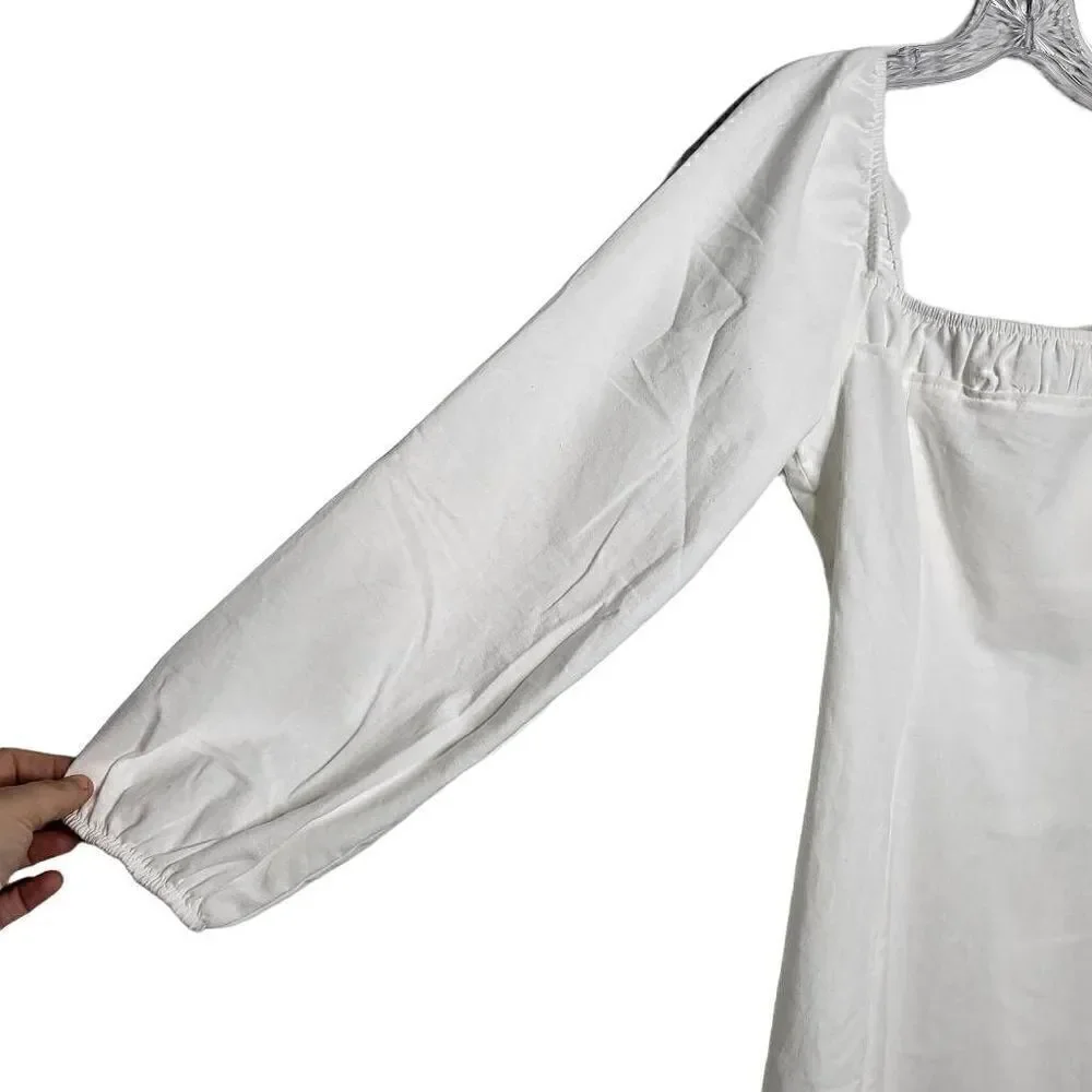 NEW Free People Square Neck Balloon Sleeves Cotton/Linen White Mini Dress Sz M